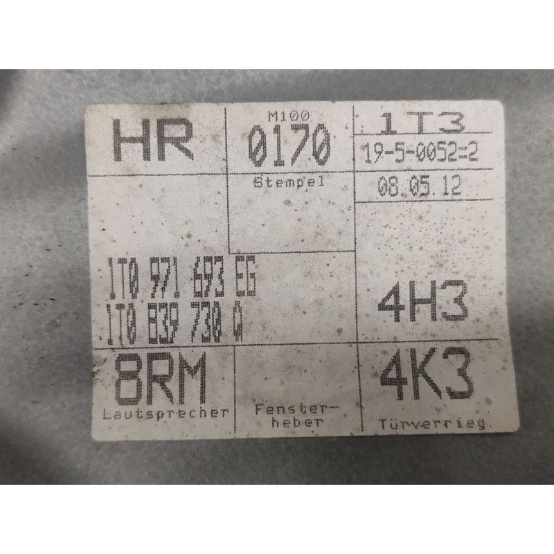 Recambio de elevalunas trasero derecho para volkswagen touran (1t3) 1.6 tdi referencia OEM IAM 1T0971693EG 2